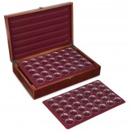 Holz-Münzkassette inkl 5 Münztableaus für 175 Stk 10 Euro, 20 Euro, 10 DM Münzen in Kapseln + 175 Münzkapseln 32,5mm